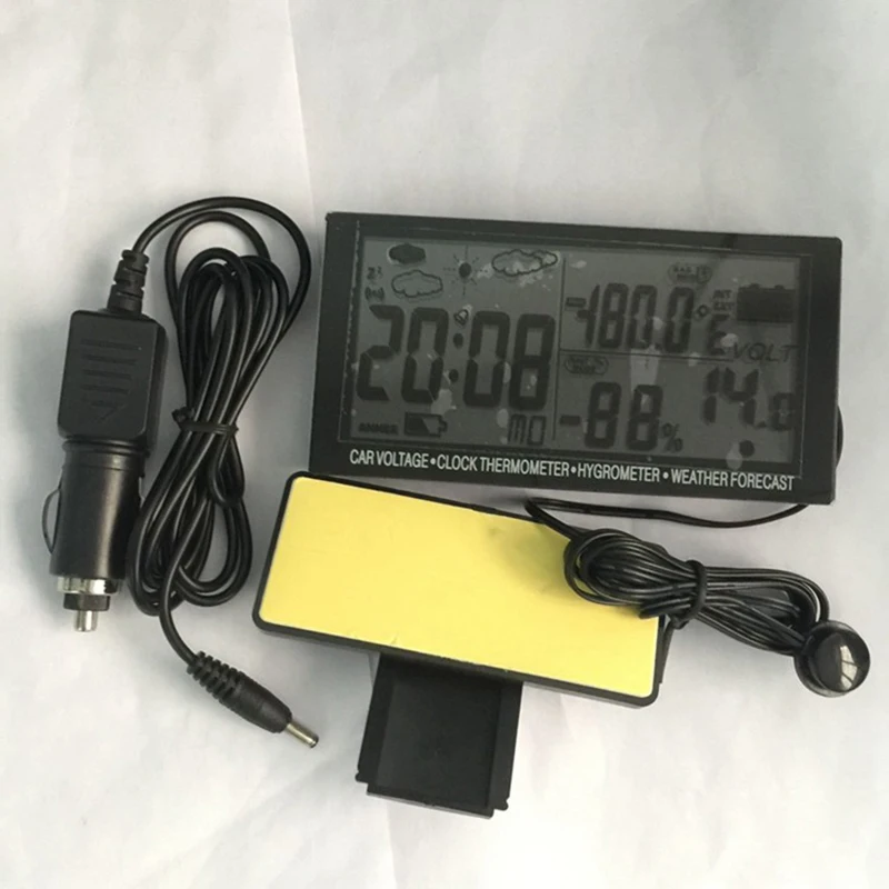  4 In 1 Digital Car Thermometer Hygrometer Dc 12V Lcd Vehicle Voltage Clock Weather Forecast Tempera