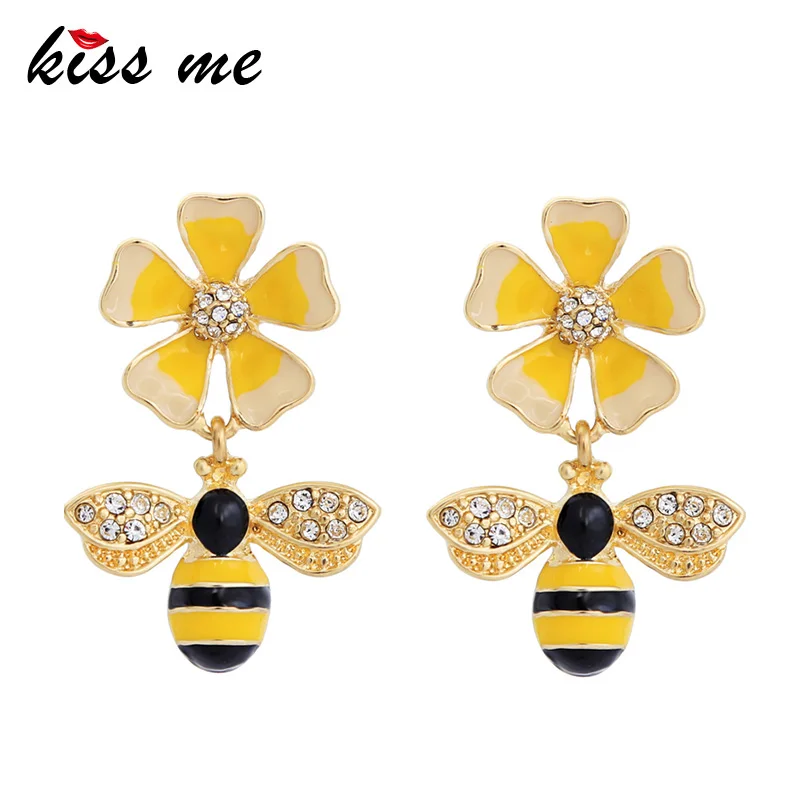 

KISS ME Yellow Glaze / Enamel Bee Flower Drop Earrings Korean Sweet Cute Women Earrings for Party Jewelry Gift