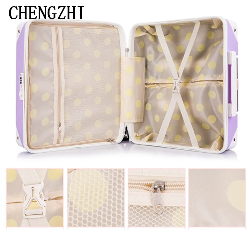 CHENGZHI 18" cute girl carry on trolley rolling luggage pink purple vintage travel suitcase for cabin