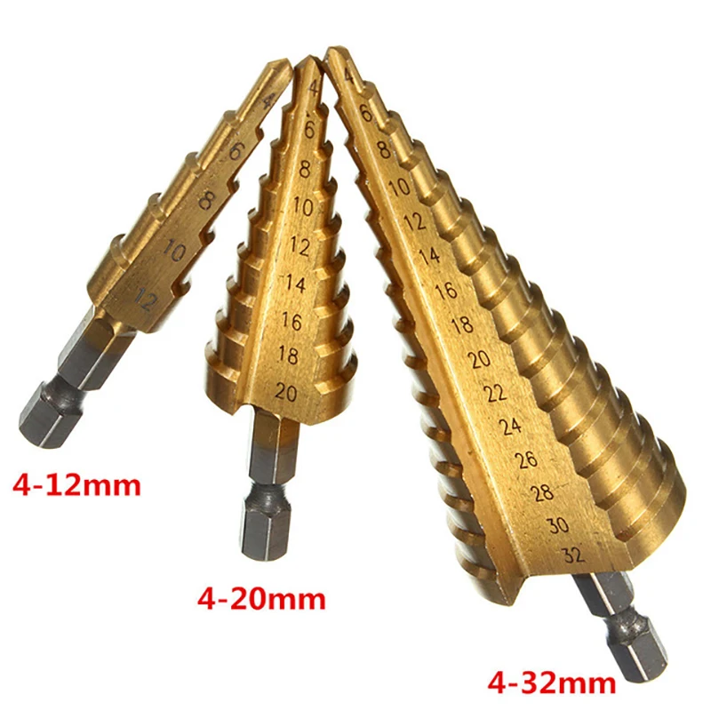

1pc HSS Step Cone Drill Bit Set Titanium Coated Woodworking Hole Milling Cutter 4-12/4-20/4-32mm hand tool