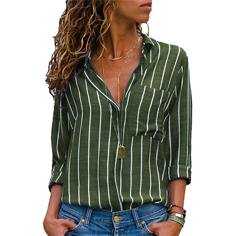 

S-3XL Women Striped Blouses Shirt Ladies Long Sleeve Blouse Shirts Casual Tops Pockets Chemisier Femme Blusas Mujer de Moda 2019