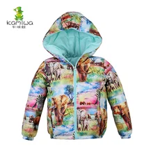 KAMIWA 2017 Filles D’hiver Manteaux Deux-Des Animaux de Façon Monde Impression Blanc Duvet de Canard Vestes Coton-rembourré Parkas Enfants vêtements