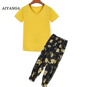 

Europe and United States Style plus Size Women Two peices Sets V-neck T-shirt and Trousers Printed Chiffon Ankle-Length Pants