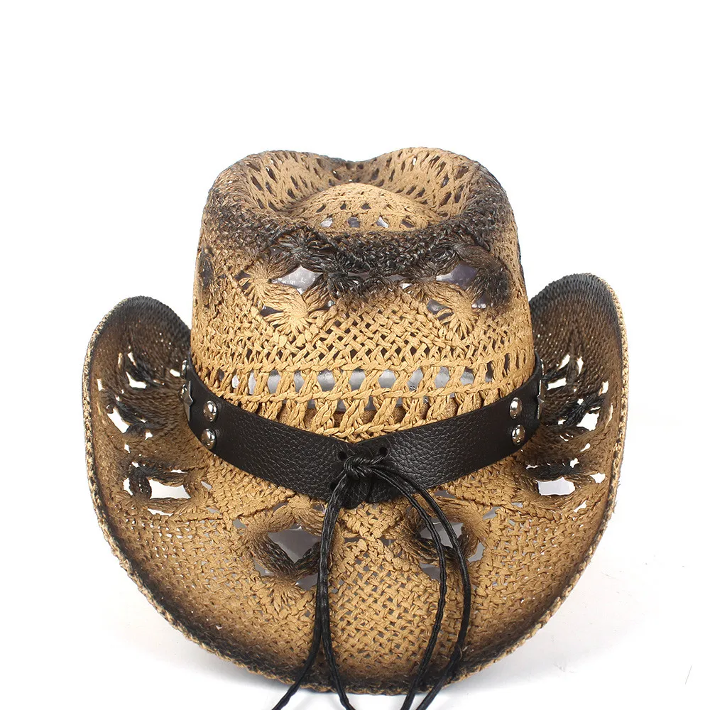 Cowboy Hats Summer Women Men Straw Hollow Western Cowboy Hat Punk Brand Sombrero Hombre Beach Cowgirl Jazz Sun Hat Size 56-58CM