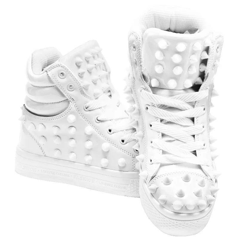 

Mens Studed Dance Sneaker Spike Rivet Boot Studs Boys Punk High-Top Shoes Patent Leather Casual Motorcycle Black White A1100