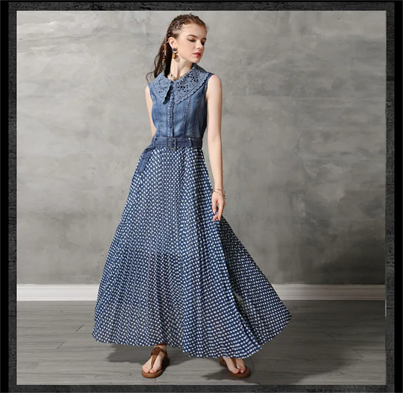 Summer Dot Woman Dress 2019 Vintage Women's Denim Dresses Sleeveless Lace Turn-down Collar Belted Chiffon Patchwork Vestido (8)