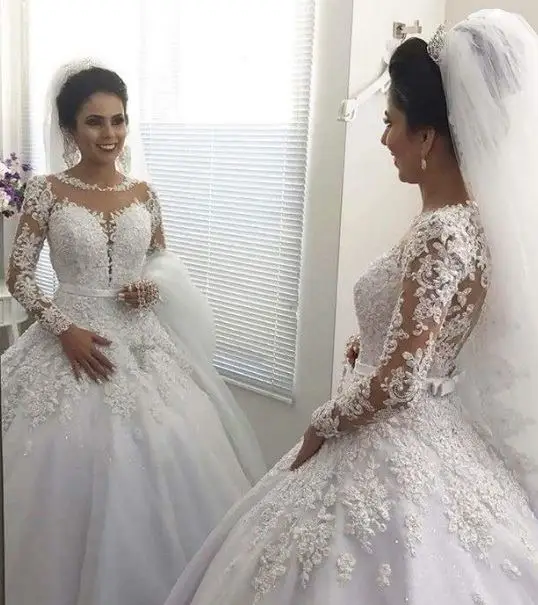 Vestido de Noiva бальное платье Принцесса Свадебные платья с длинным рукавом Бисер кружево аппликация свадебные платья суд поезд Mariage