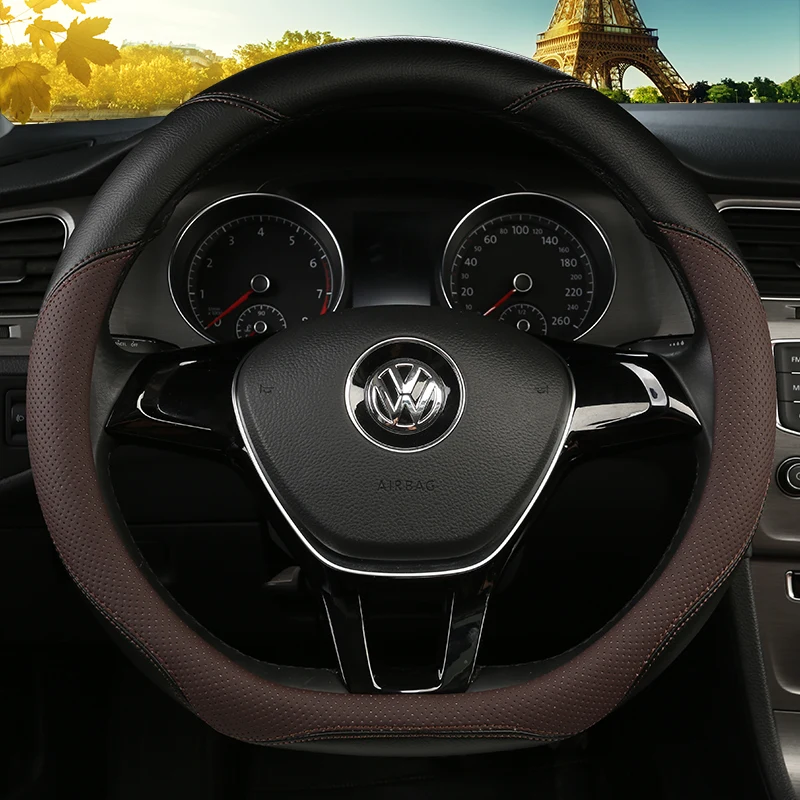 

KKYSYELVA D Shape Steering-Wheel Black Auto Car Steering Wheel Cover Leather 38CM wheel cover Interior accessories