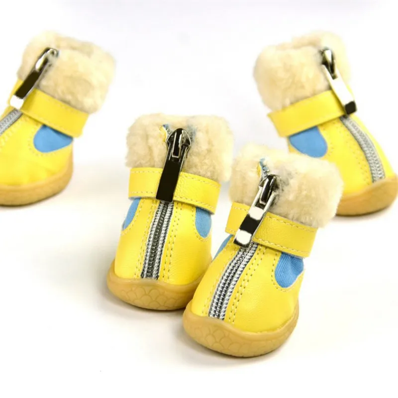 Thick Fur winter Warm Dog Shoes Anti slip Snow Boots PU Leather