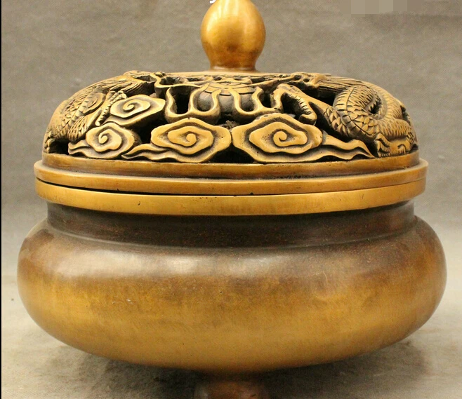

bi002948 Buddhism Chinese Pure Bronze Wealth Fly Dragon Head Statue Box Incense Burner