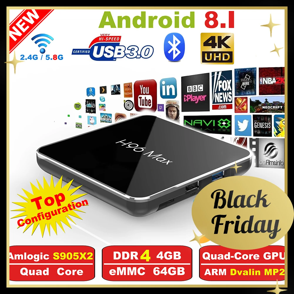 

H96 Max2 Smart TV Box Amlogic S905X2 Quad Core ARM Cortex A53 2GHz DDR4 4G/64G Android 9.0 2.4G/5.8GHz Wifi Family Set Top Box