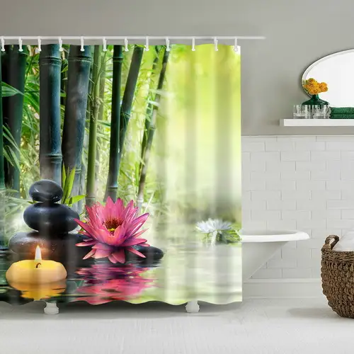 Black Shower Curtain Pink Flower Lotus Bath Curtains Buddhist