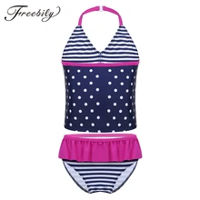 Танкини с лямкой на шее для детей и подростков, купальник в горошек и полоску, детский купальник для девочек, топы с низом, купальные костюмы