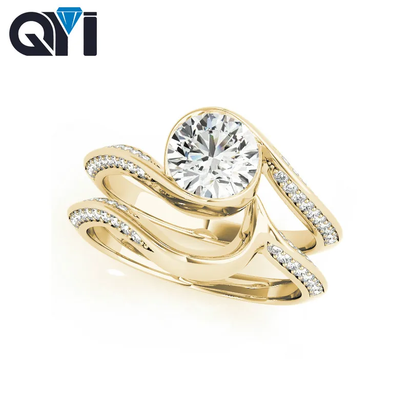 1 Carat 14K Yellow Gold Engagement Ring Sets Round Cut Moissanite Diamond Bridal Pave Wedding Ring For Women