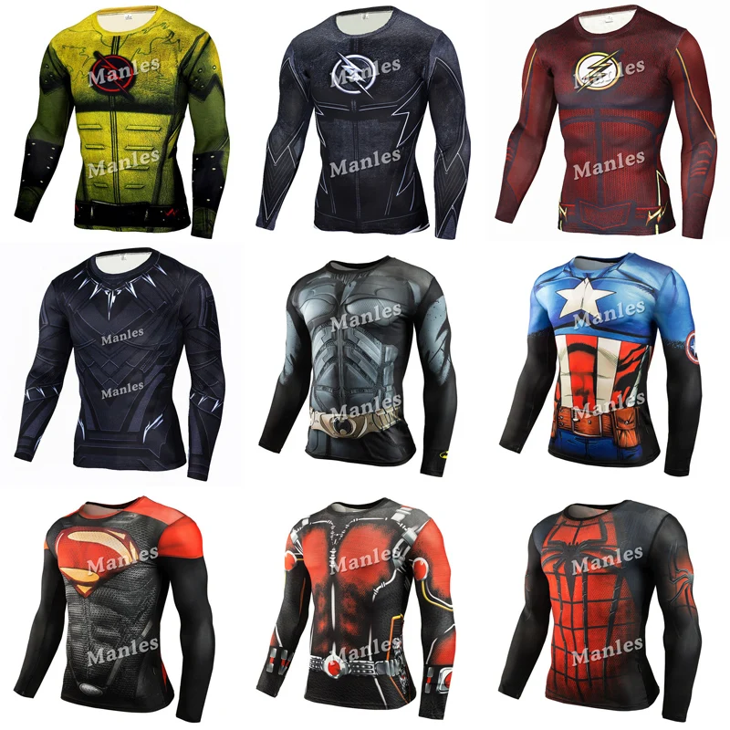 

Men Superhero Long Sleeve Compression Shirt Bodybuilding Crossfit 3D Slim Fit Athletic Jersey Superman T-Shirt Gym Tops Tees