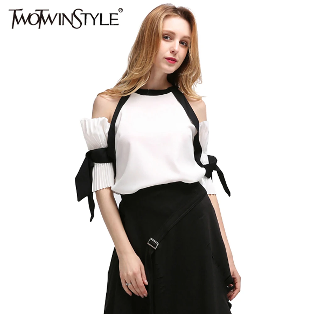 Mujeres Camisa Coreana White Falda Las Blusas Verano Gasa Sexy La Twotwinstyle Ropa Hombro Tops De Manga Moda RU7wg