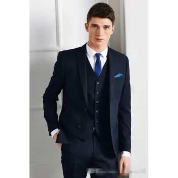 

navy blue men wedding suits peaked lapel grooms tuxedoterno masculino 2017 mens suit slim fit two button groomsmen suit 3 pieces