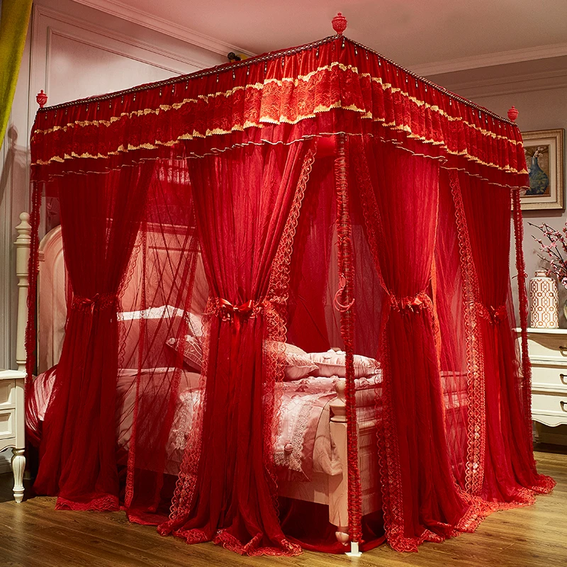 Us 100 37 37 Off Red Double Deck Romantic Golden Lace Luxury European Court Three Door Square Floor Standing Mosquito Net Wedding Bedding Set In