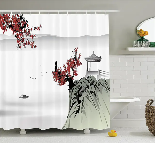 Memory Home Asian River Scenery With Cherry Blossoms And Boat Memory Home Asian River Scenery With Cherry Blossoms And Boat Cultural Bathroom Accessories Polyester Fabric Shower