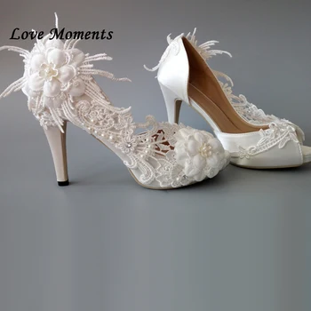 

Love Moments White Lace Open Toe Ladies Pumps fashion wedding shoes woman party Pumps Fish Toe Big size Sweet Dress SHOE
