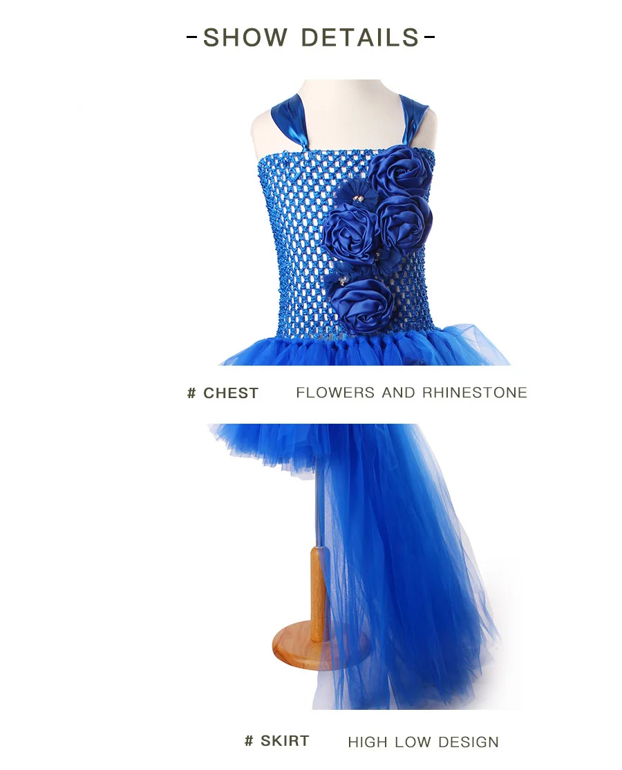 Royal Blue Flowers Girls Tutu Dress High Low Ice Princess Tulle Dress for Wedding Pageant Party Handmade Baby Photo Costume (9)