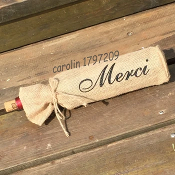 

12pcs/lot Burlap Wine Bottle Bag with MERCI thanks Champagne Sleeve Holder rustic wedding decoration mariage