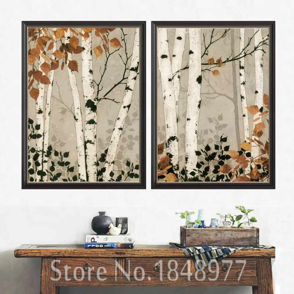 2 Piece Modern Home Decor Abstract Tree Painting Birch Trees