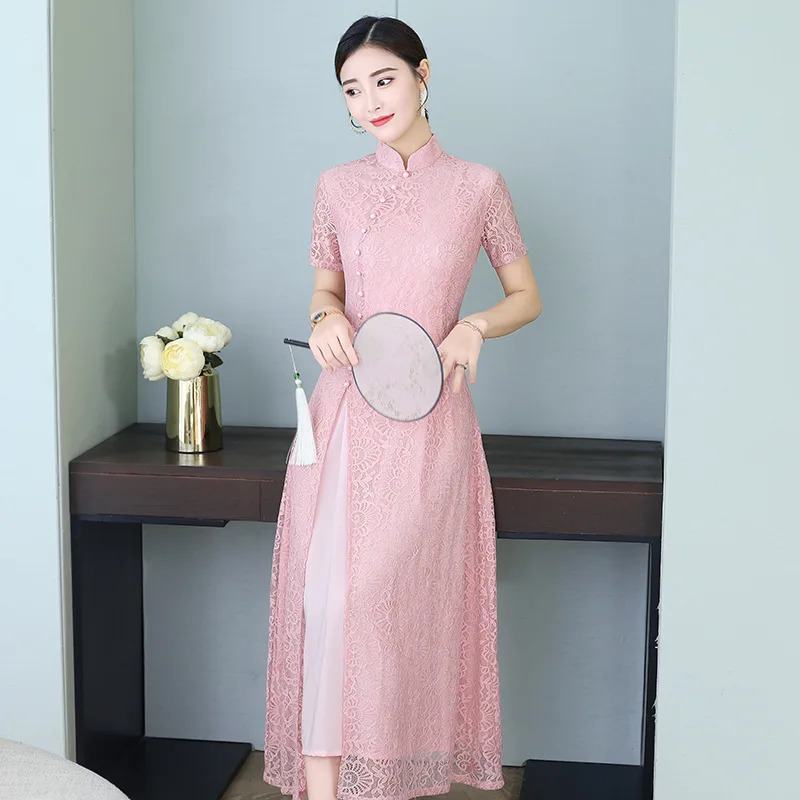 Пикантные Длинные Cheongsam Лето Традиционный китайский стиль платье Новинка женские кружево Qipao Тонкий Вечерние платья с пуговицами Vestido S-XXXL