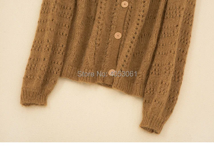 Latest Mohair& Wool Blend Jumper V Neck Hollow Out Button Front Knit Sweater- Female Camel Color Knitting Cardigan Top