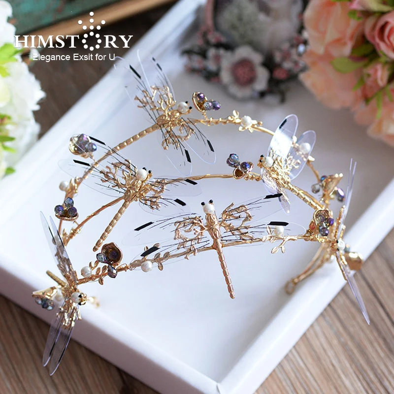 

Himstory Handmade Elegant Bridal Hair Crown Hairband Three Layers Gold Dragonfly Headbands Wedding Hair Accessoies