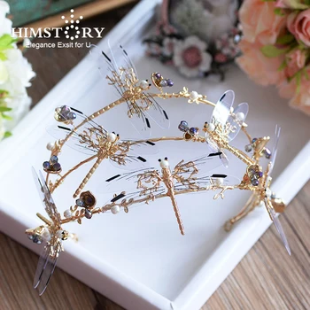 

Himstory Handmade Elegant Bridal Hair Crown Hairband Three Layers Gold Dragonfly Headbands Wedding Hair Accessoies