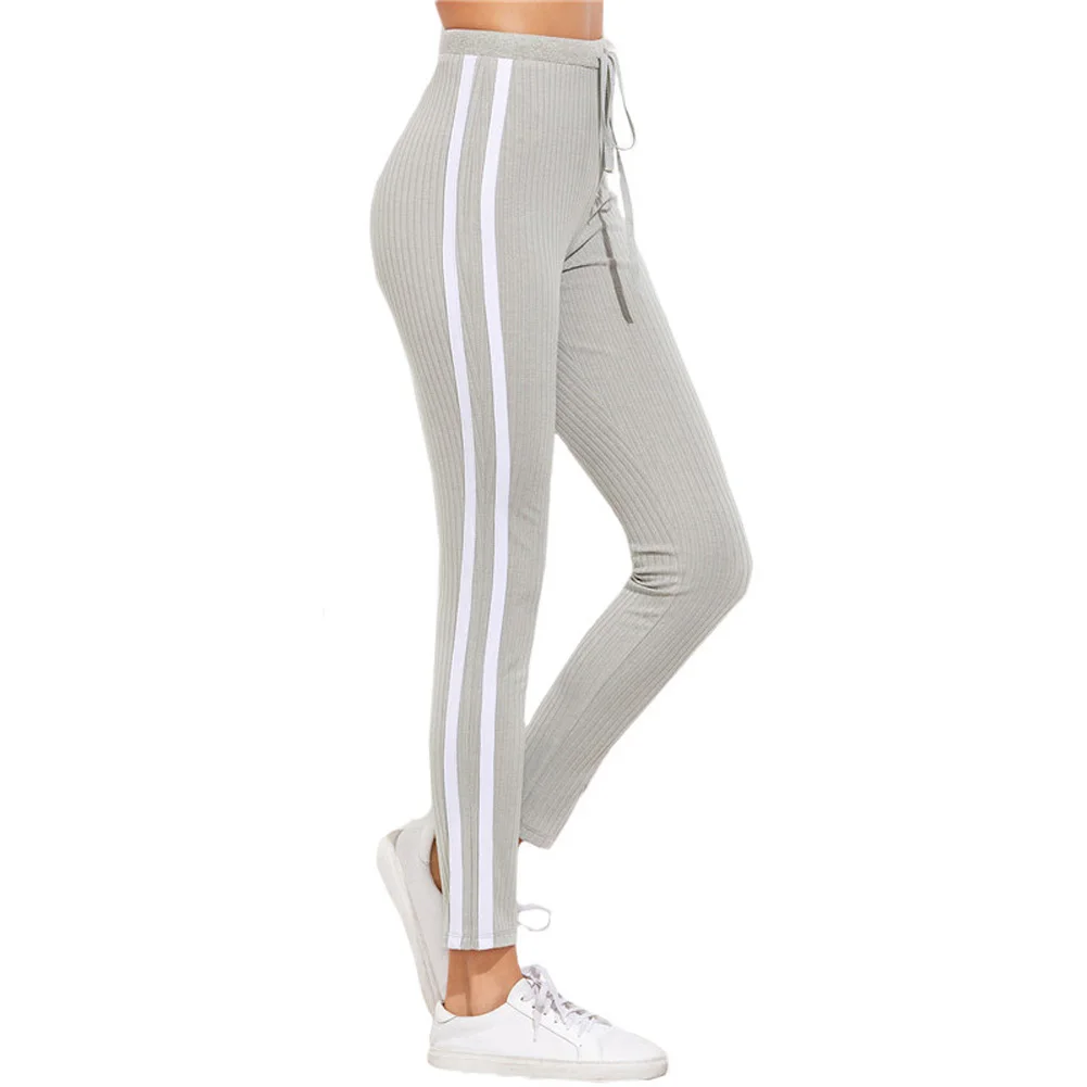 

Spring Autumn Women Pants High Waist Drawstring Trousers Ribbed Knit Striped Sideseam Sweatpants SSA-19ING