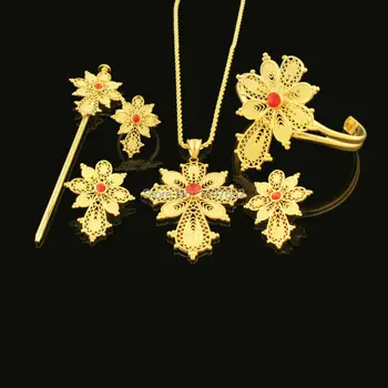 

Newest Ethiopian Cross Necklace/Pendant/Bangle/Earring/Ring/Hairpin . Gold Color Habesha Jewelry African bridal jewelry sets