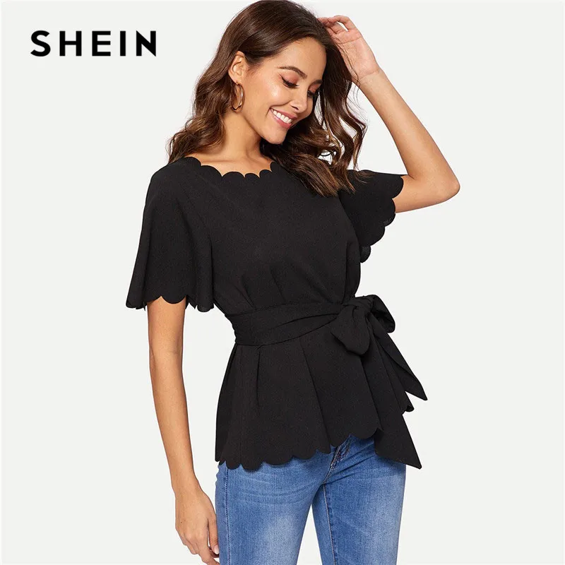 

SHEIN Black Scallop Trim Belted Solid Blouse Top 2019 Summer Office Lady Elegant Flounce Sleeve Workwear Women Blouses and Tops