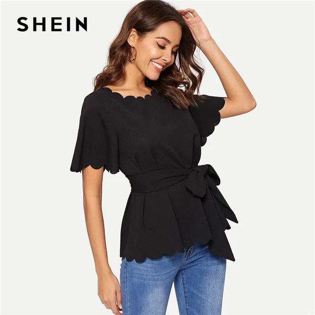 SHEIN Black Scallop Trim Belted Solid Blouse Top 2019 Summer Office ...