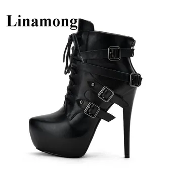 

Black Color Platform Genuine Leather Personality Fashion Women Boot Sexy Thin High Heel Buckle Decoration Round Toe Ankle Boots
