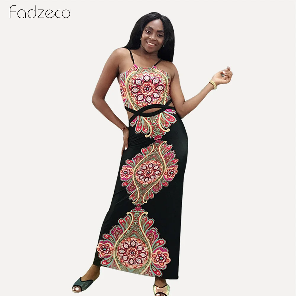 Платье Fadzeco в африканском стиле для женщин, Открытое платье на бретельках с этническим принтом, длинное платье макси без рукавов с открытой