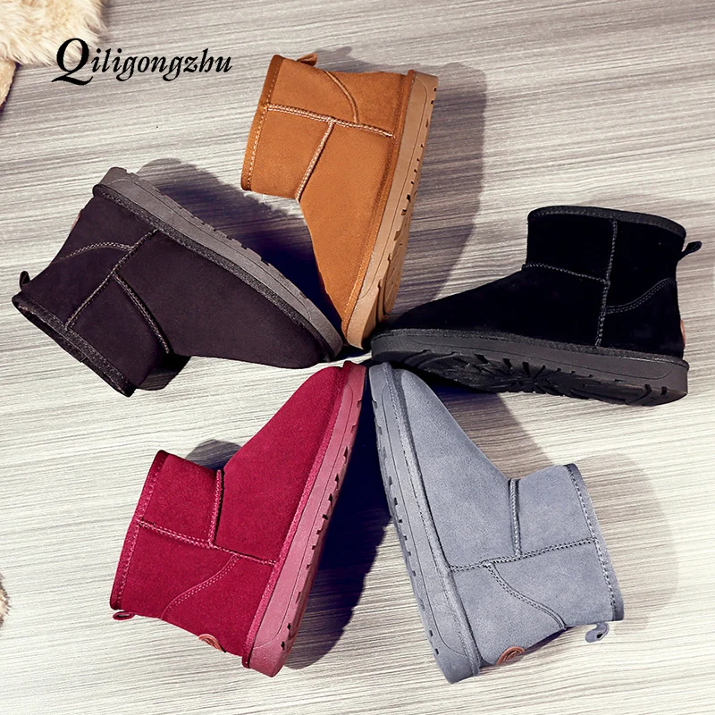 Женские зимние ботинки из коровьей замши искуст. мех высокого кочества ботильоны женские теплые зимние ботинки женская обувь большие размеры 34-42 5 цветов красный коричневый уггие женские