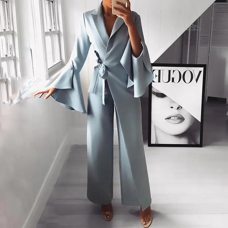 

Jumpsuit Women High Quality Elegant Long Sleeve Workwear Formal Party Romper Irregular Flared Sleeve Knot Side Wide Leg Overalls