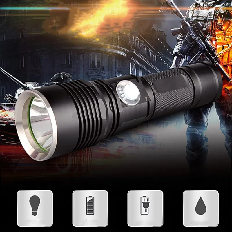 

L2 LED Flashlight 4-Mode USB Charging Flashlight with Safety Hammer Portable Lantern by 26650 Battery Self - defense hunting