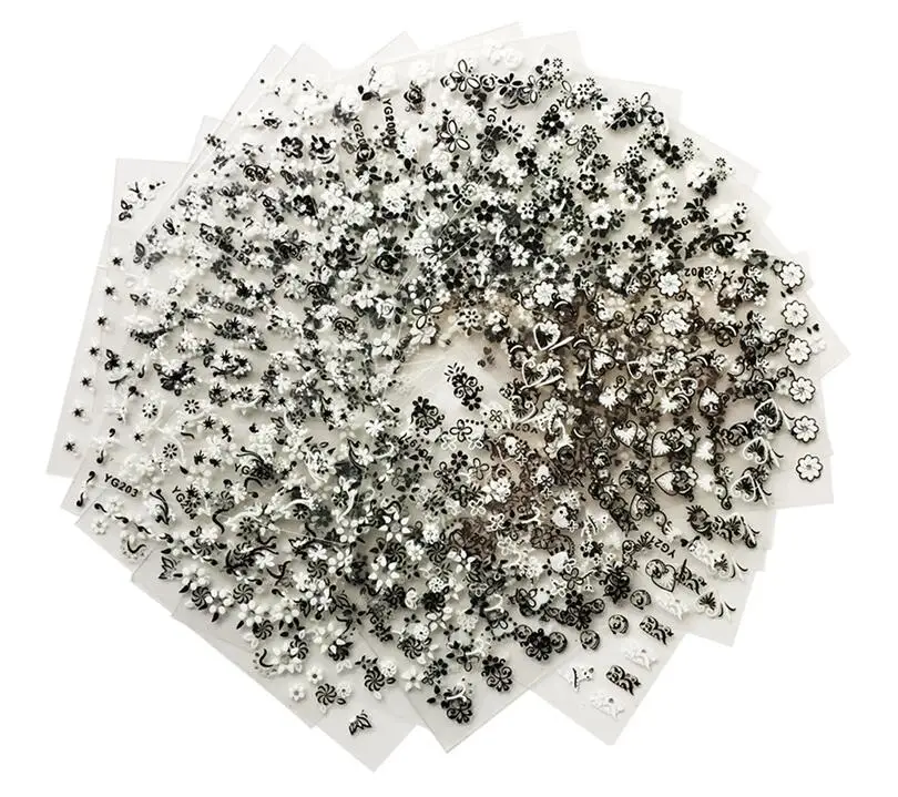 

24Pcs/lot Manicure White&Black Flowers Design Nail Stickers DIY Decorations Tools For 3D Nail Art Decals