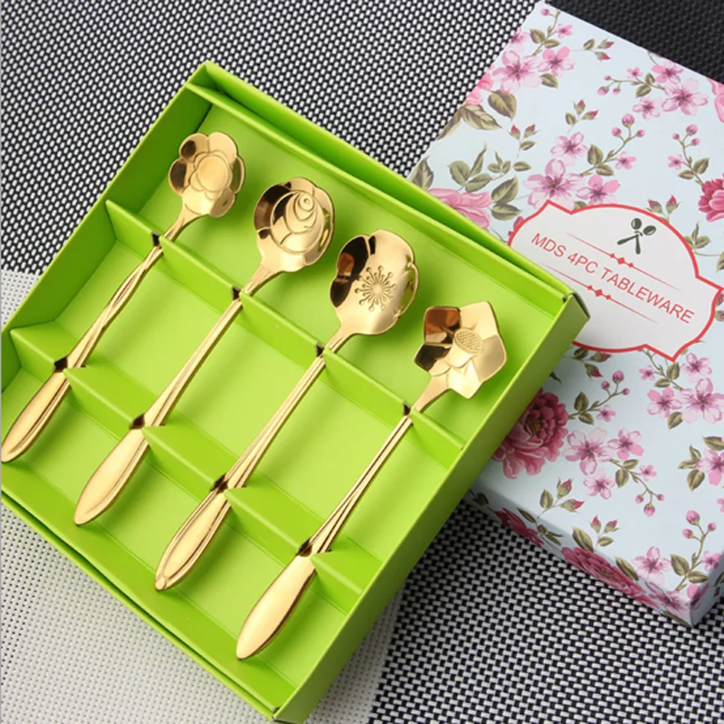 

4Pcs Gold Spoon Set Flower Shape Stainless Steel Spoons Small Coffee Tea Spoon Mini Sugar Ice Cream Spoon Elegant Christmas Gift