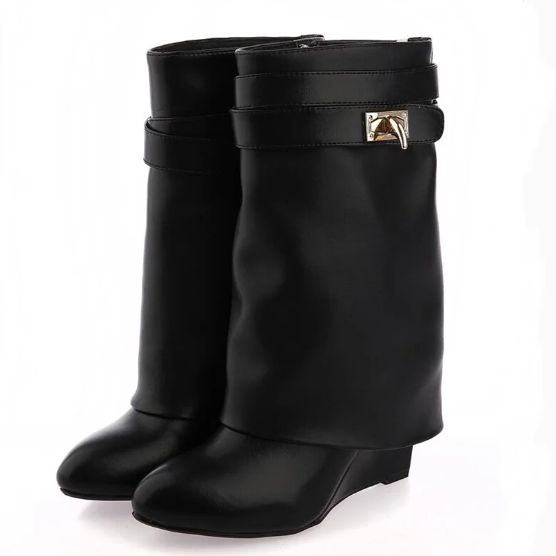 

High Quality Metal Buckle Women Boots Luxurious Leather Mid Calf Winter Shoes Woman Wedges Increasing Height Female Boots
