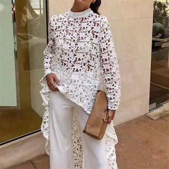 

2019 Spring Autumn Women Lace Hollow Out Shirt Long Sleeve Irregular Tops Blouse Loose flora printed Minimalism Blouse Tops W3