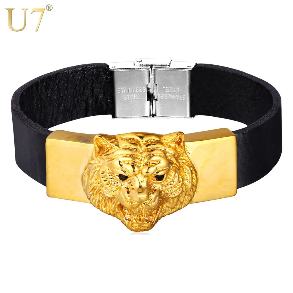 

U7 Rock Style Tiger Bracelet Men Women Fashion Jewelry 21 CM Animal Wrap Genuine Leather Bracelet Wholesale H802