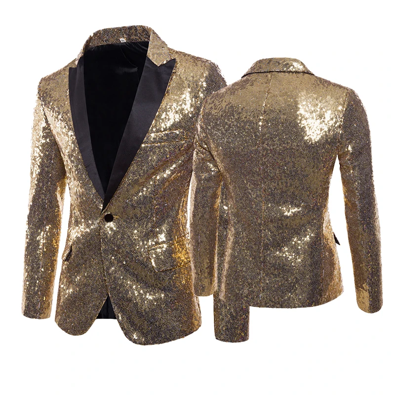 Мужской Стильный золотой двухцветный Блестящий блейзер с блестками для ночного клуба, бара, сцены, певца, костюм, Свадебный костюм жениха, пиджак