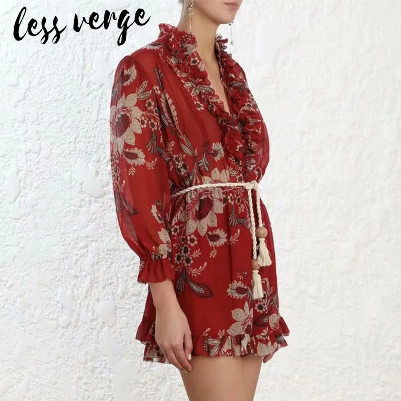 

Lessverge Ruffle floral print chiffon jumpsuit romper Women sexy beach boho short playsuit Long sleeve elegant female overalls