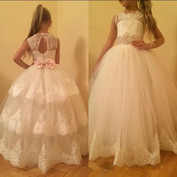 Ivory White Ball Gown Girls First Communion Dress Beaded Lace Tiered Tulle Flower Dresses Pageant Custom Made | Детская одежда и