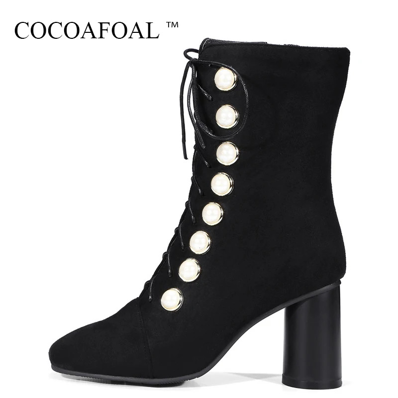 

COCOAFOAL Fashion Plus Size 33 43 High Heeled Shoes Sexy Black Lace Up Martin Boots Winter Pointed Toe Rivet Ankle Boots 2018