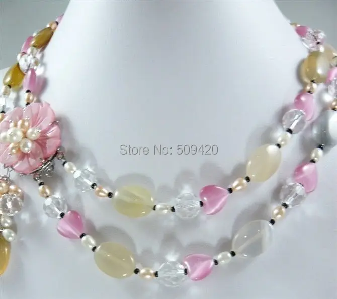 

W&O655 >>>> Stunning!2Strands Pink Akoya Cultured Pearl&Opal &Crystal Necklace